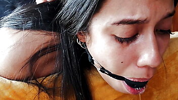 Ball gag humiliation, teen girl tape gagged, breast bondage hogtie, slave tape gagged, duct bondage