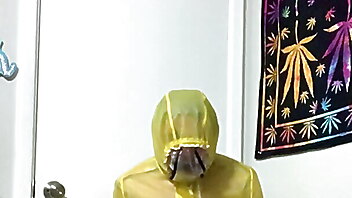 Feet ball gagged, bdsm cage feet, yellow latex, chastity and gagged, ball gag humiliation