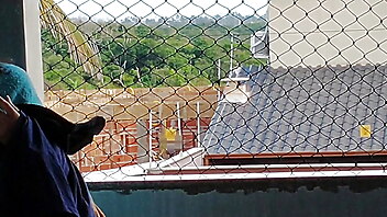 Femdom exposed, balcony flash, cuckold balcony, amateur wife tit flash, housewife and worker